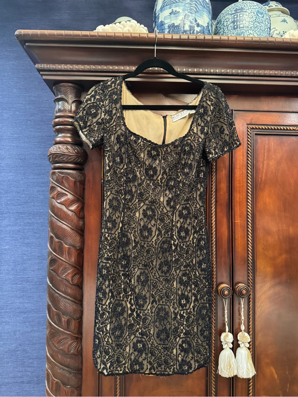 Oleg Cassini Black Lace Overlay with Nude Slip Mini Dress